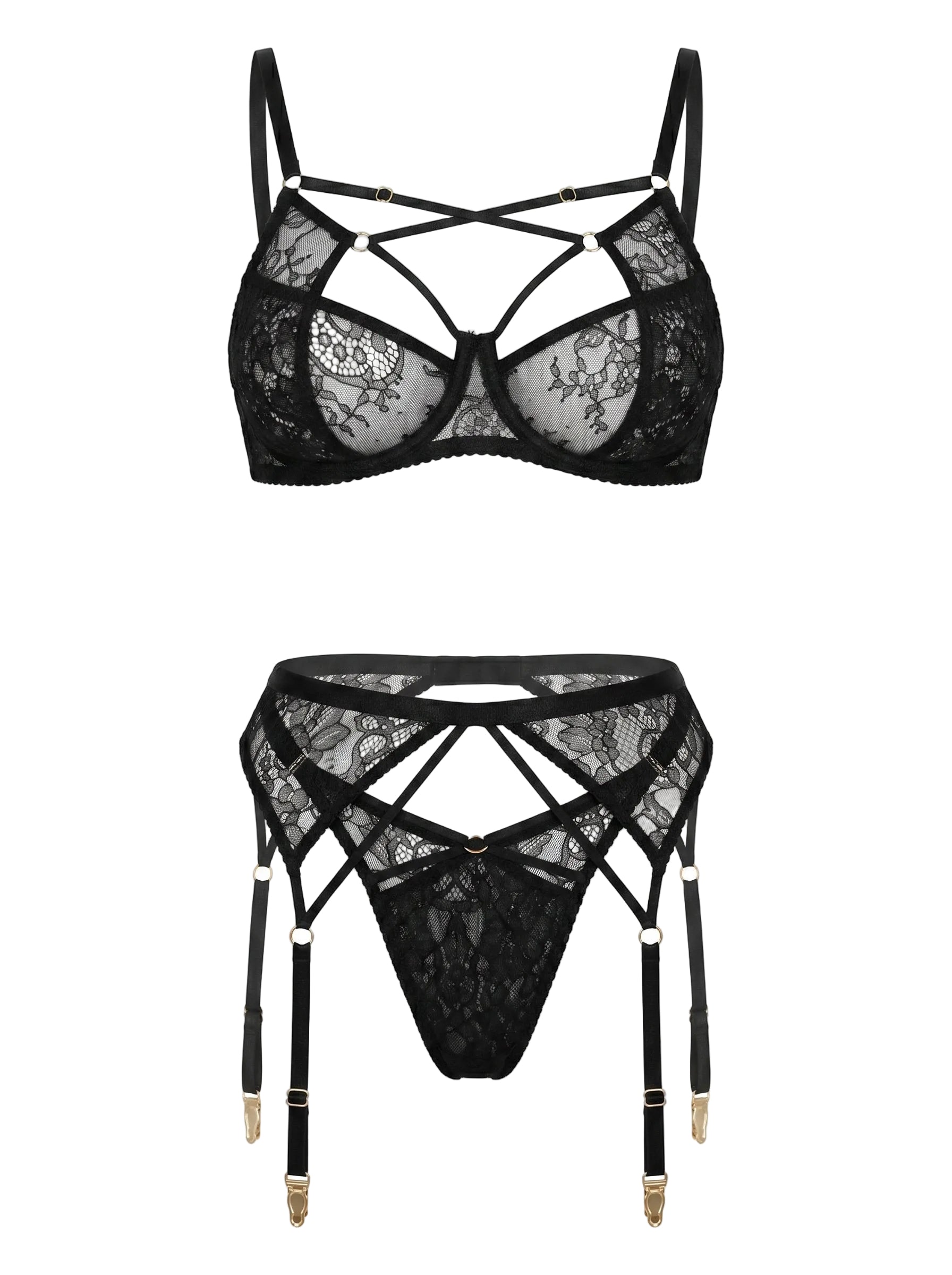 Naomi black bespoke lingerie set featuring noir lace and architectural strapwork - collection view 2