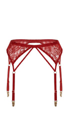 Detailed view of artisanal crimson embroidery and translucent mesh on the Naomi set.