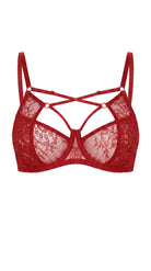 Aesthetic view of the architectural red garter belt and strappy details on model.