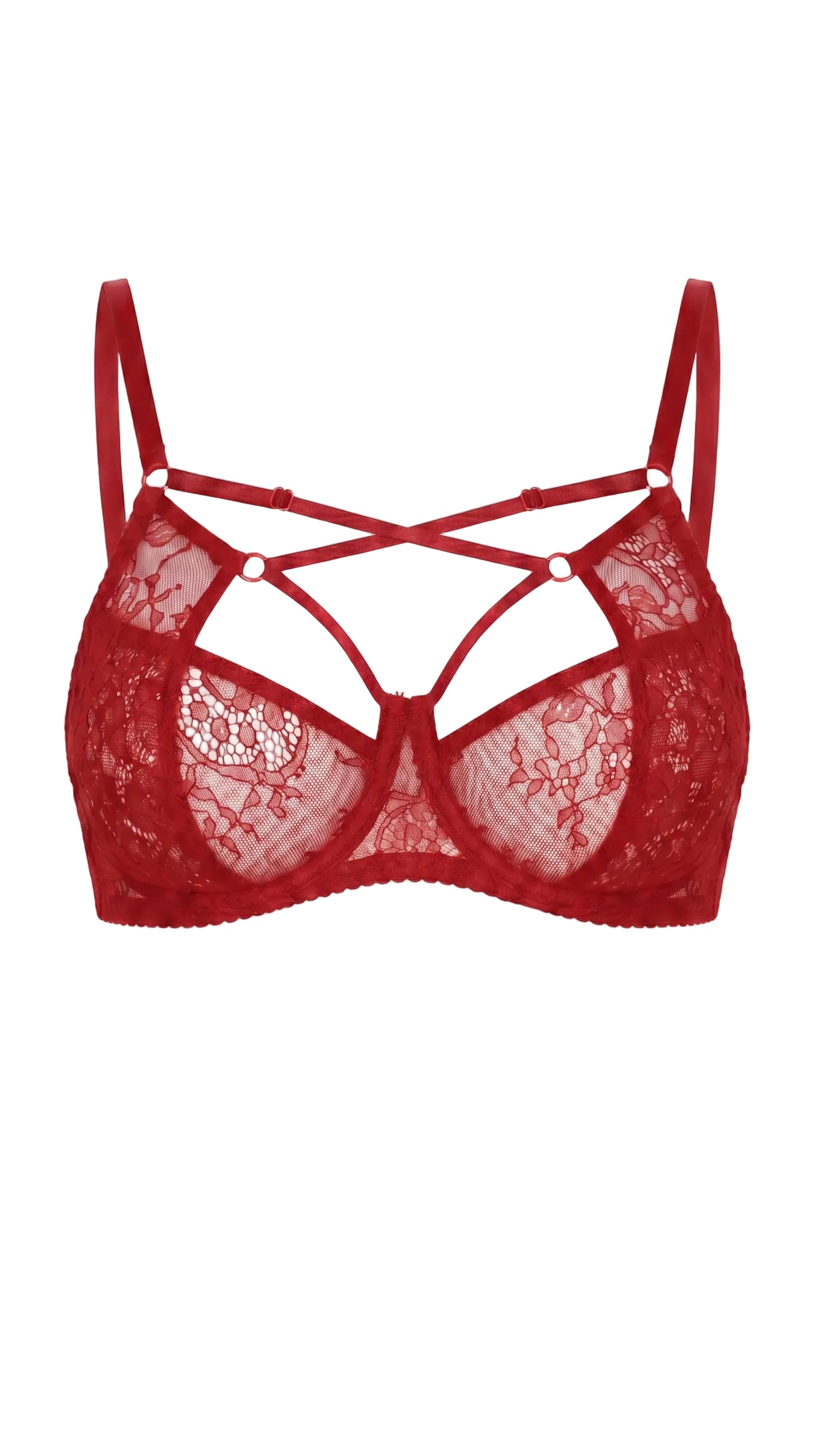 Aesthetic view of the architectural red garter belt and strappy details on model.