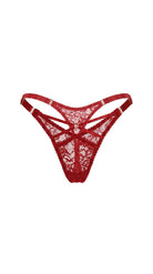 Front view of the Naomi Red three-piece bespoke lingerie set showcasing geometric straps and fine lace details.