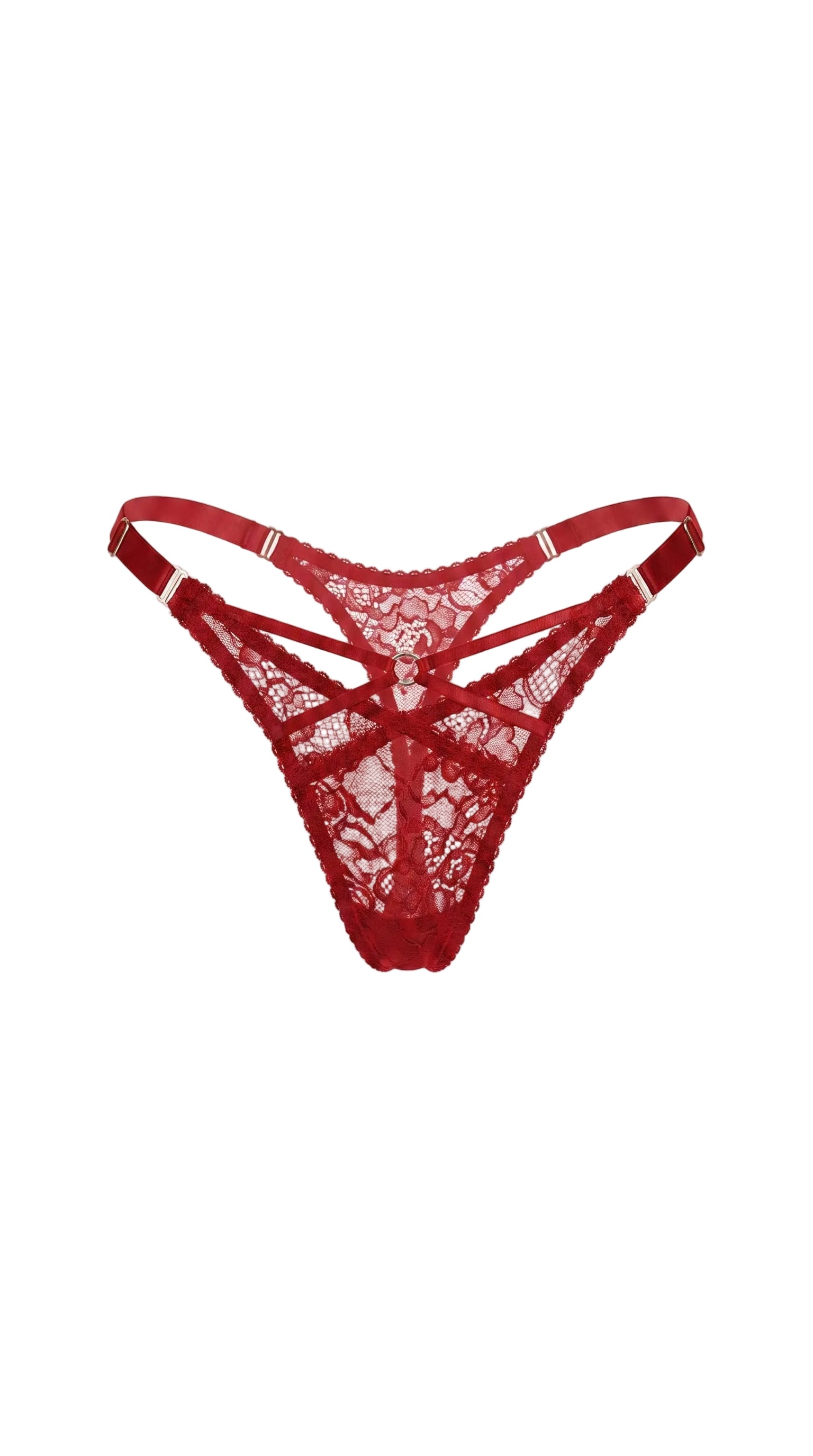 Front view of the Naomi Red three-piece bespoke lingerie set showcasing geometric straps and fine lace details.