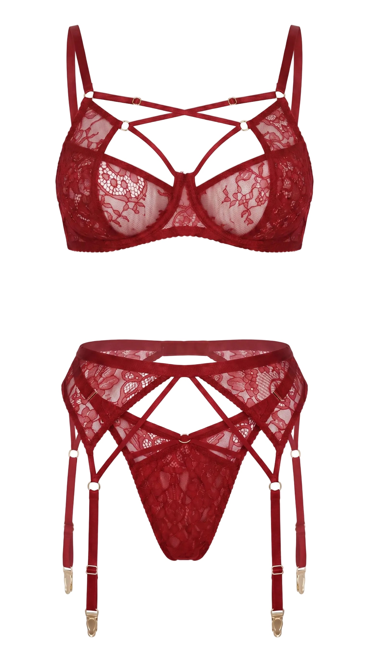 Front view of the Naomi Red three-piece bespoke lingerie set showcasing geometric straps and fine lace details.