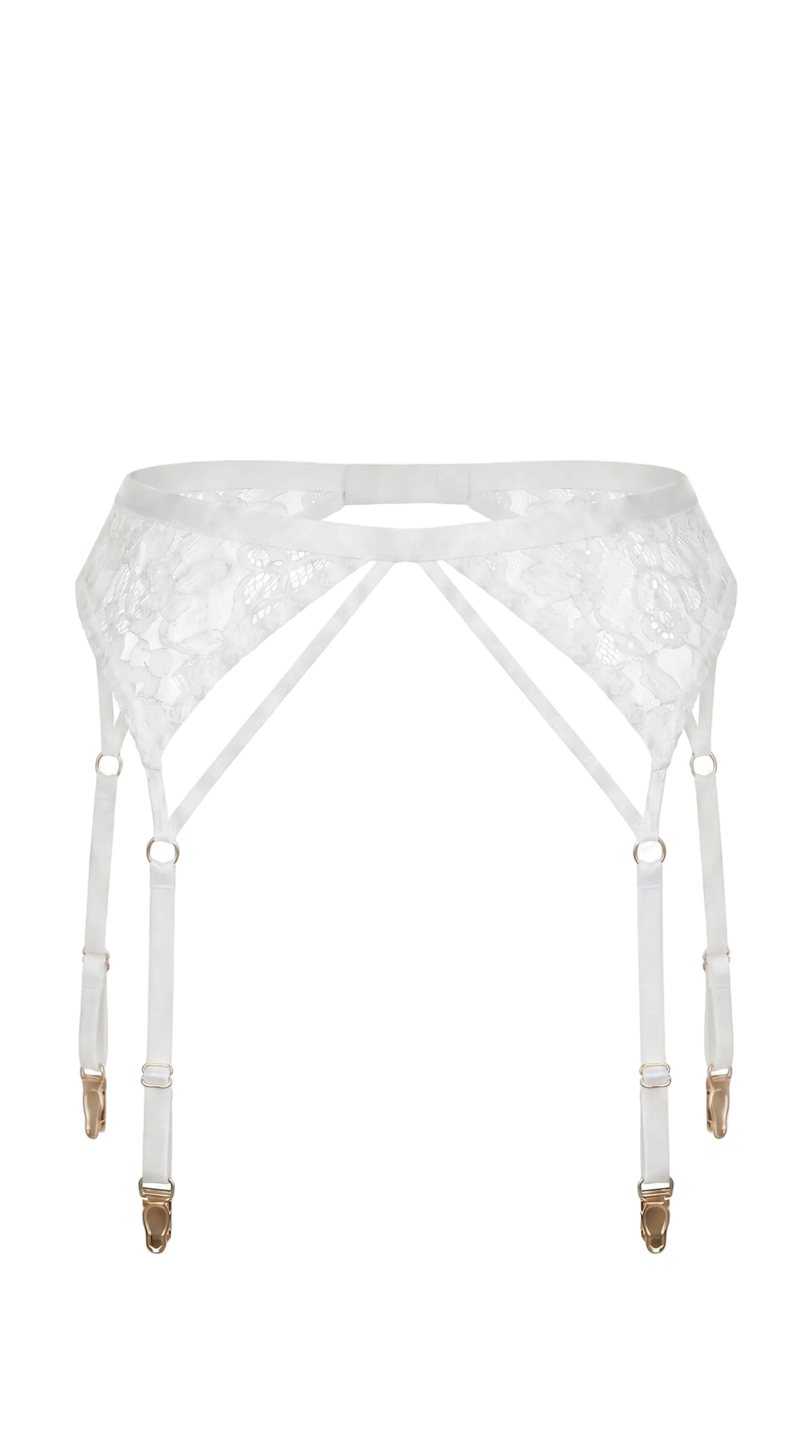 Close-up of handcrafted white lace cup and structural strap engineering on model.