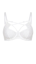 Detailed view of premium bridal lace and translucent straps on the Naomi White set.