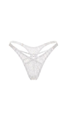 Front view of the Naomi White three-piece bespoke bridal lingerie set showcasing geometric lace.