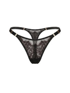 Front view of the Odri Black thong panties in black lace with adjustable straps.