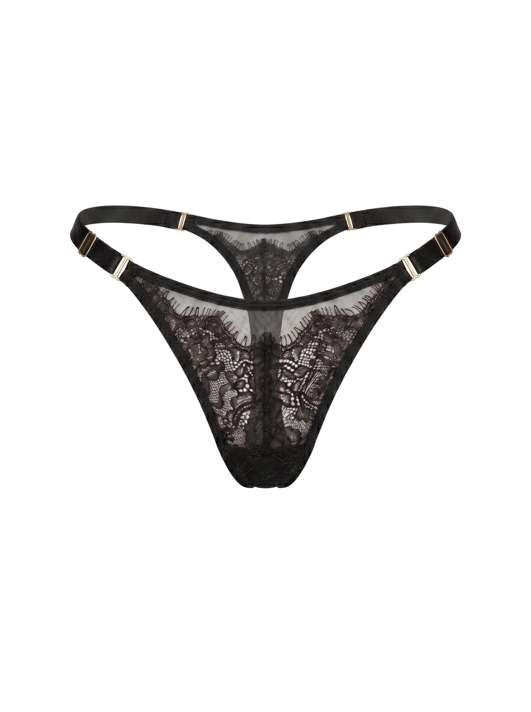 Front view of the Odri Black thong panties in black lace with adjustable straps.