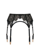Front view of Odri Black garter belt in structured lace with adjustable straps.