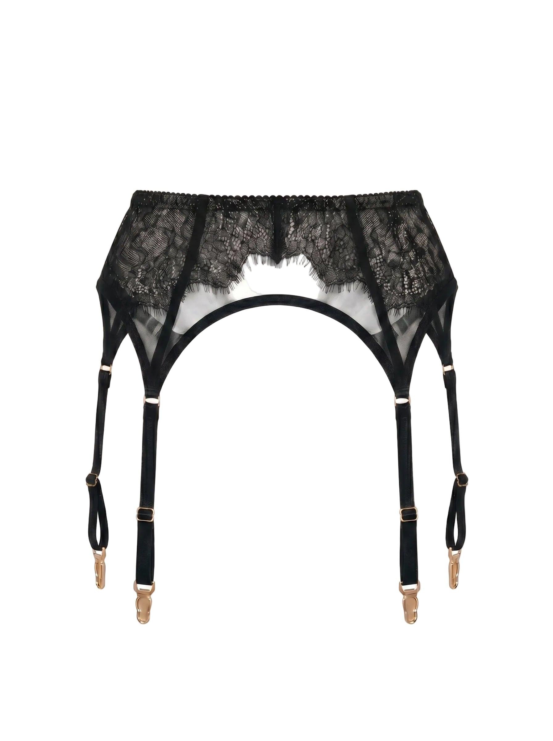 Front view of Odri Black garter belt in structured lace with adjustable straps.