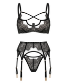 front view of Odri Black 3-piece lingerie set featuring black Chantilly lace, strappy bra, and garter belt