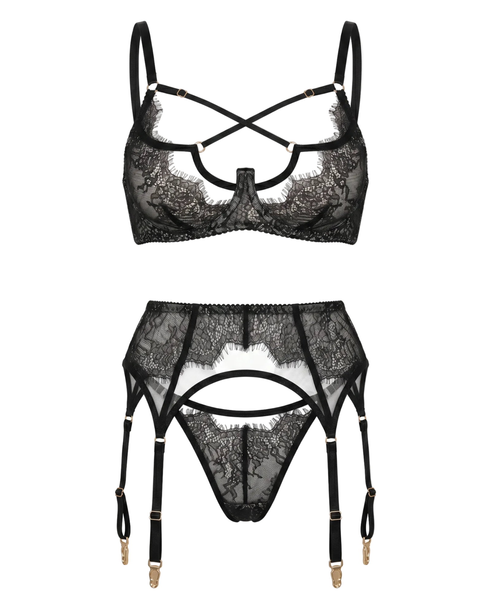 front view of Odri Black 3-piece lingerie set featuring black Chantilly lace, strappy bra, and garter belt