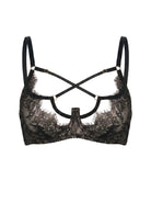 Detailed view of the Odri Black strappy bra featuring premium black lace and mesh.