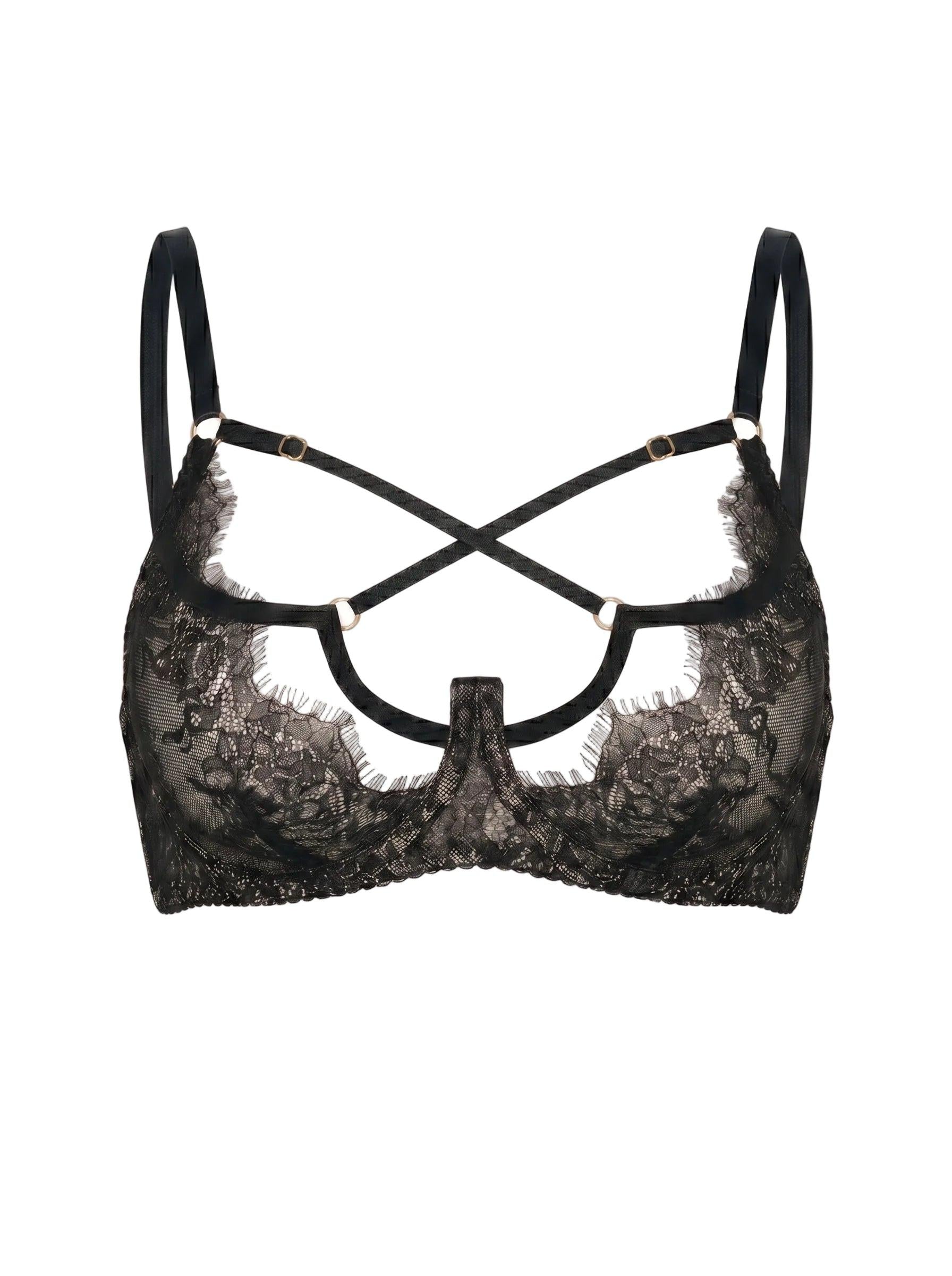 Detailed view of the Odri Black strappy bra featuring premium black lace and mesh.