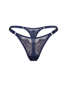 Front view of Odri Blue thong panties featuring navy lace and adjustable straps.