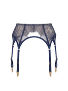 Front view of the Odri Blue garter belt in navy lace and structural straps.
