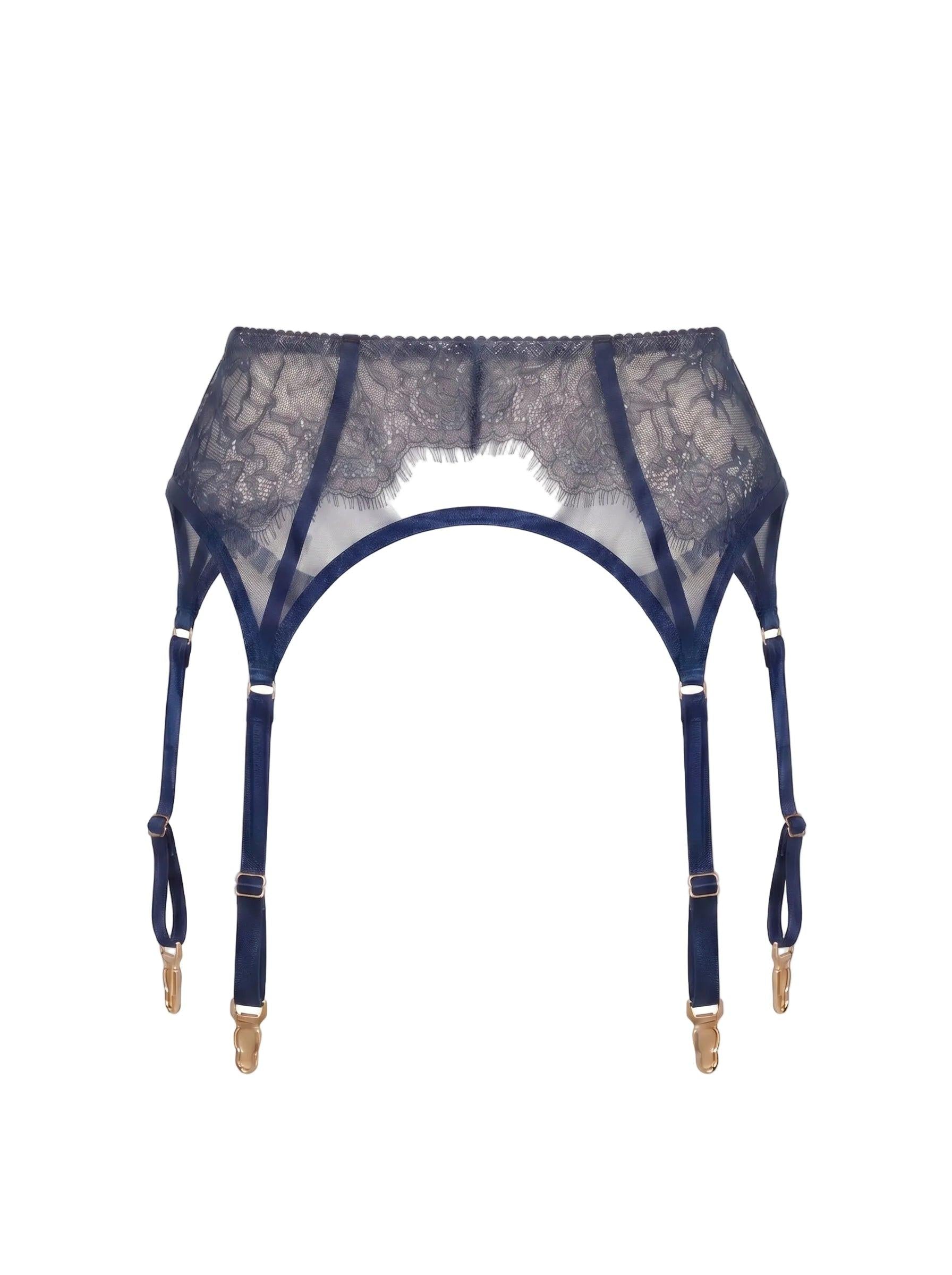 Front view of the Odri Blue garter belt in navy lace and structural straps.