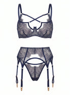 Front view of Odri Blue lingerie set in navy Chantilly lace with strappy bra and garter belt.