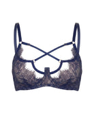 Close-up of the Odri Blue bra in navy Chantilly lace with strappy neckline details.