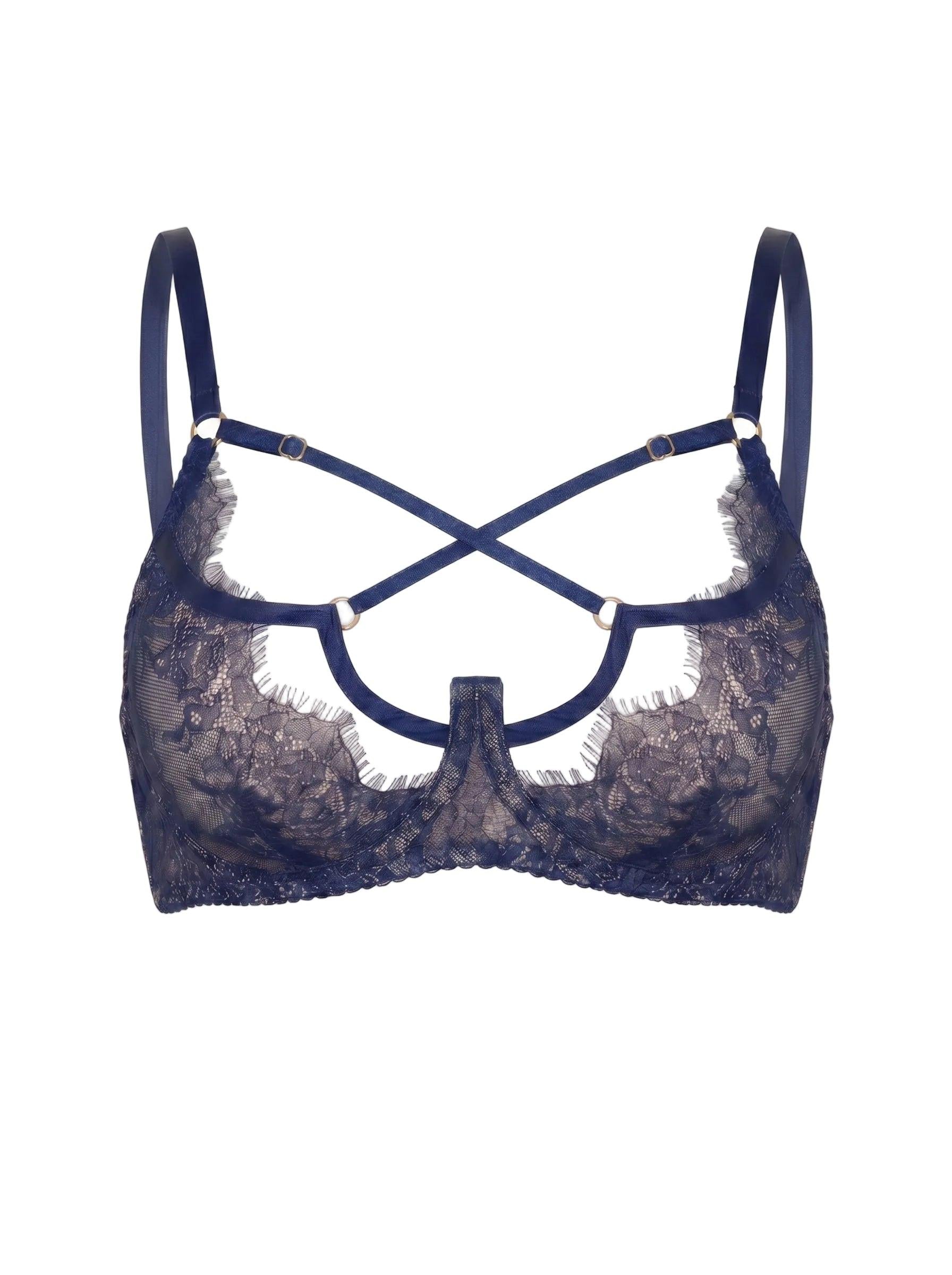 Close-up of the Odri Blue bra in navy Chantilly lace with strappy neckline details.
