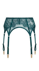 Front view of the Odri Emerland garter belt featuring structural straps and premium hardware.