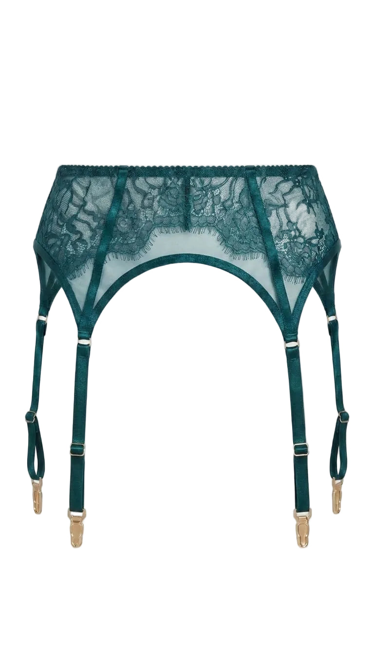 Front view of the Odri Emerland garter belt featuring structural straps and premium hardware.