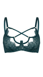 Close-up view of the Odri Emerland strappy bra featuring geometric neckline accents.
