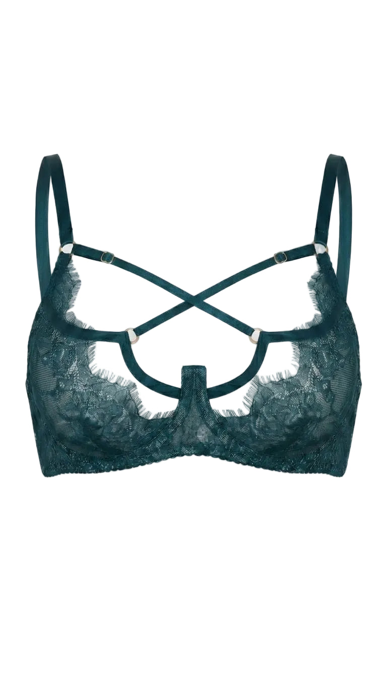 Close-up view of the Odri Emerland strappy bra featuring geometric neckline accents.