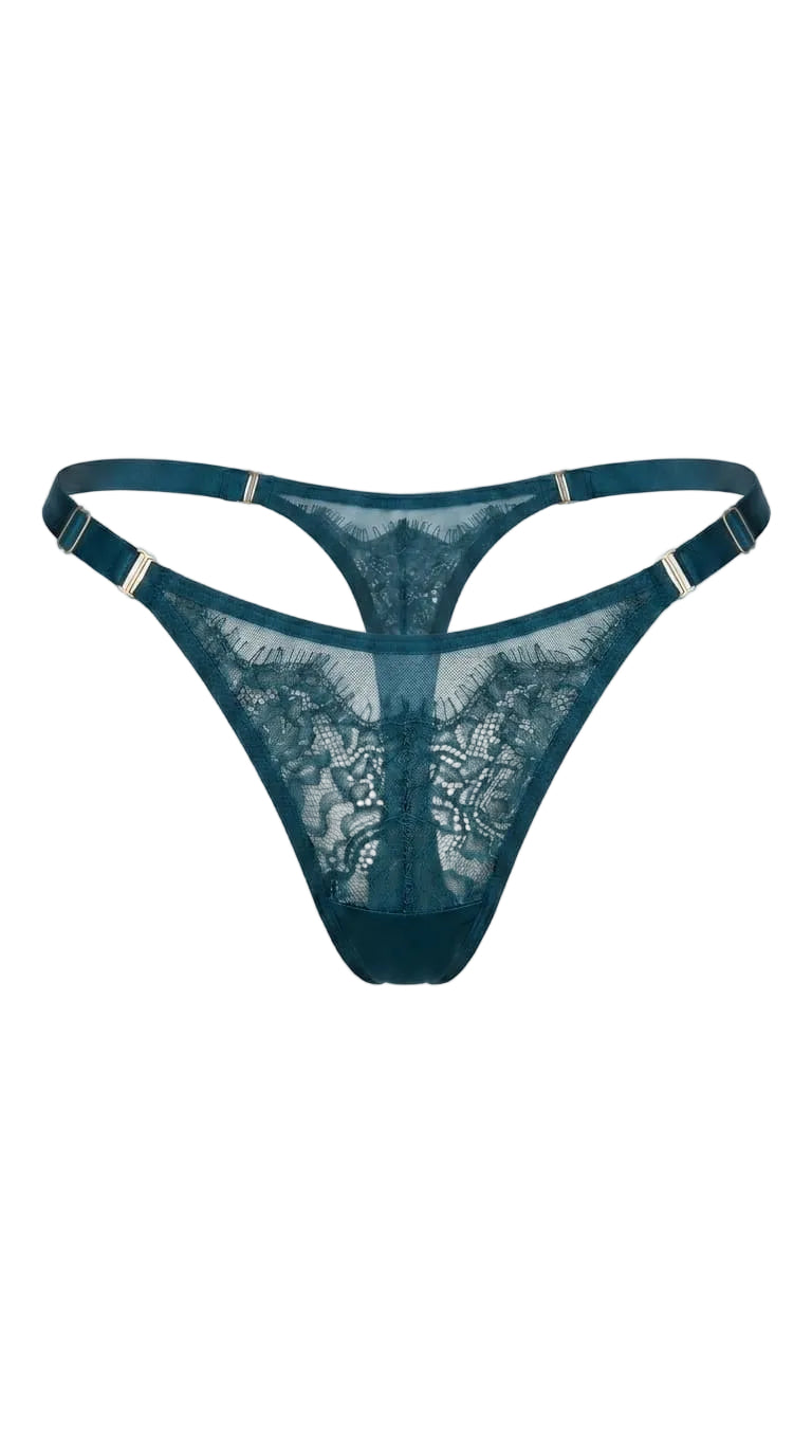Front view of the Odri Emerland adjustable thong panties with structural lace panels.