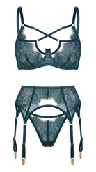 Macro view of delicate green Chantilly lace on the soft-cup architectural bra.