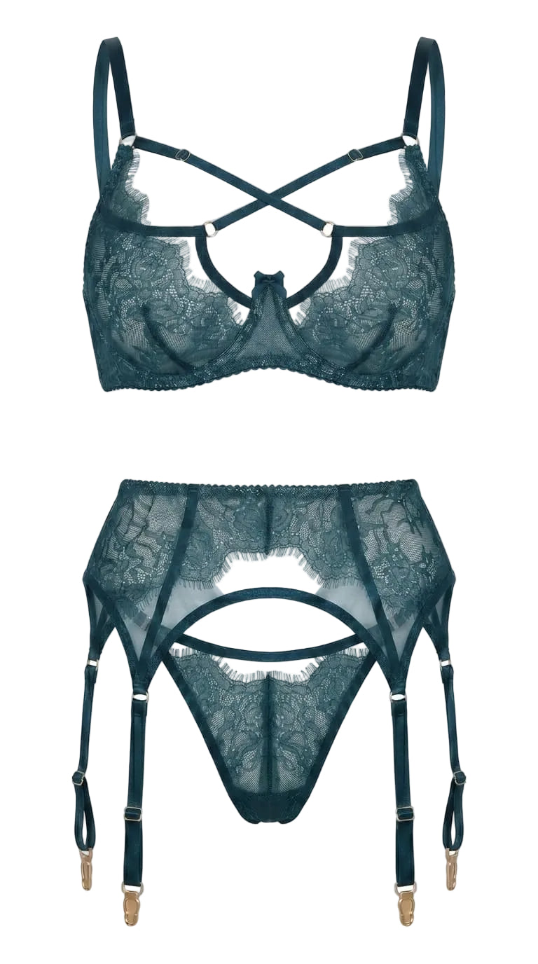 Macro view of delicate green Chantilly lace on the soft-cup architectural bra.