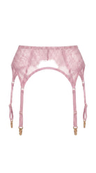 Front view of the Odri Pink garter belt featuring structural straps and vibrant pink Chantilly lace details.