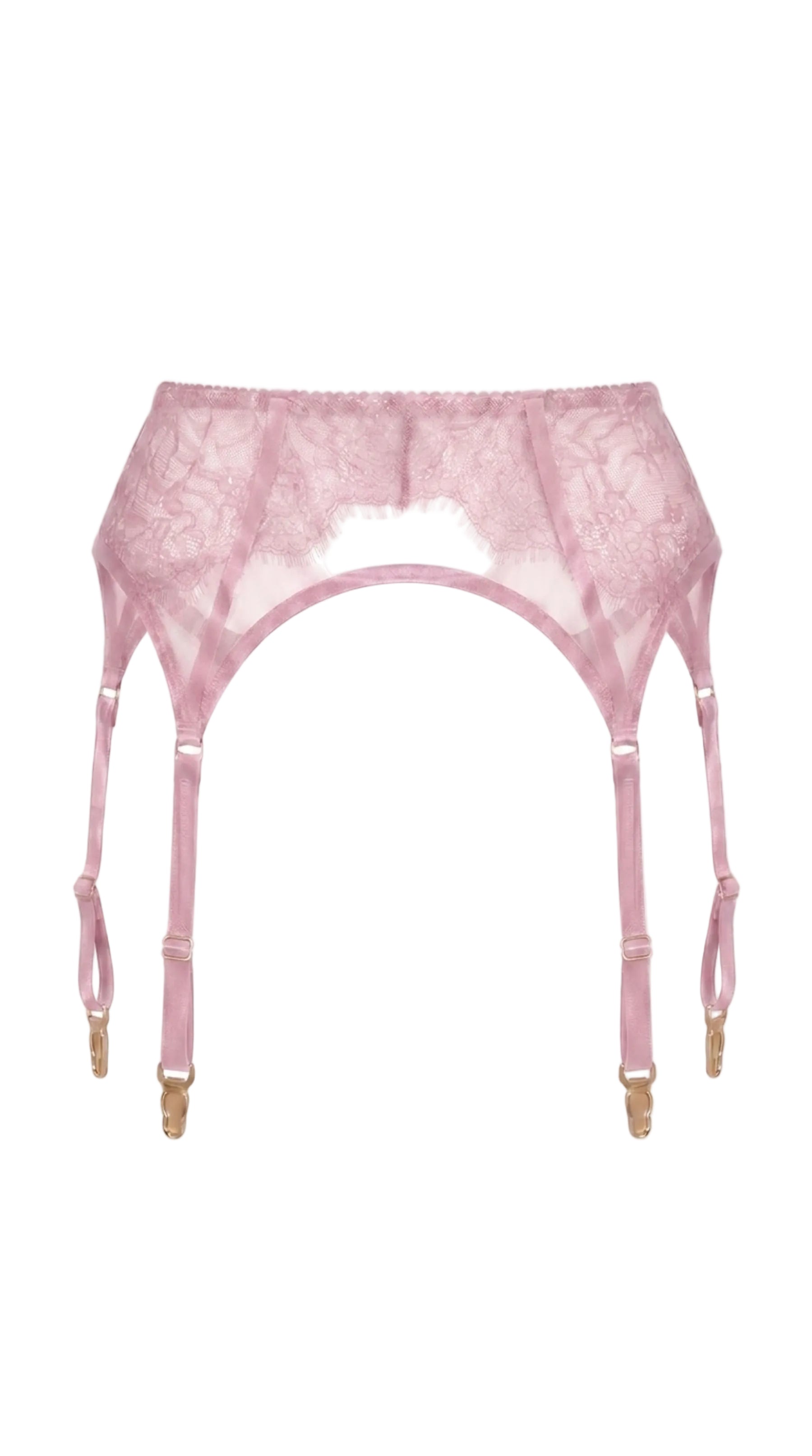 Front view of the Odri Pink garter belt featuring structural straps and vibrant pink Chantilly lace details.