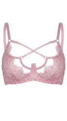 Close-up view of the Odri Pink strappy bra featuring pink Chantilly lace and architectural neckline accents.