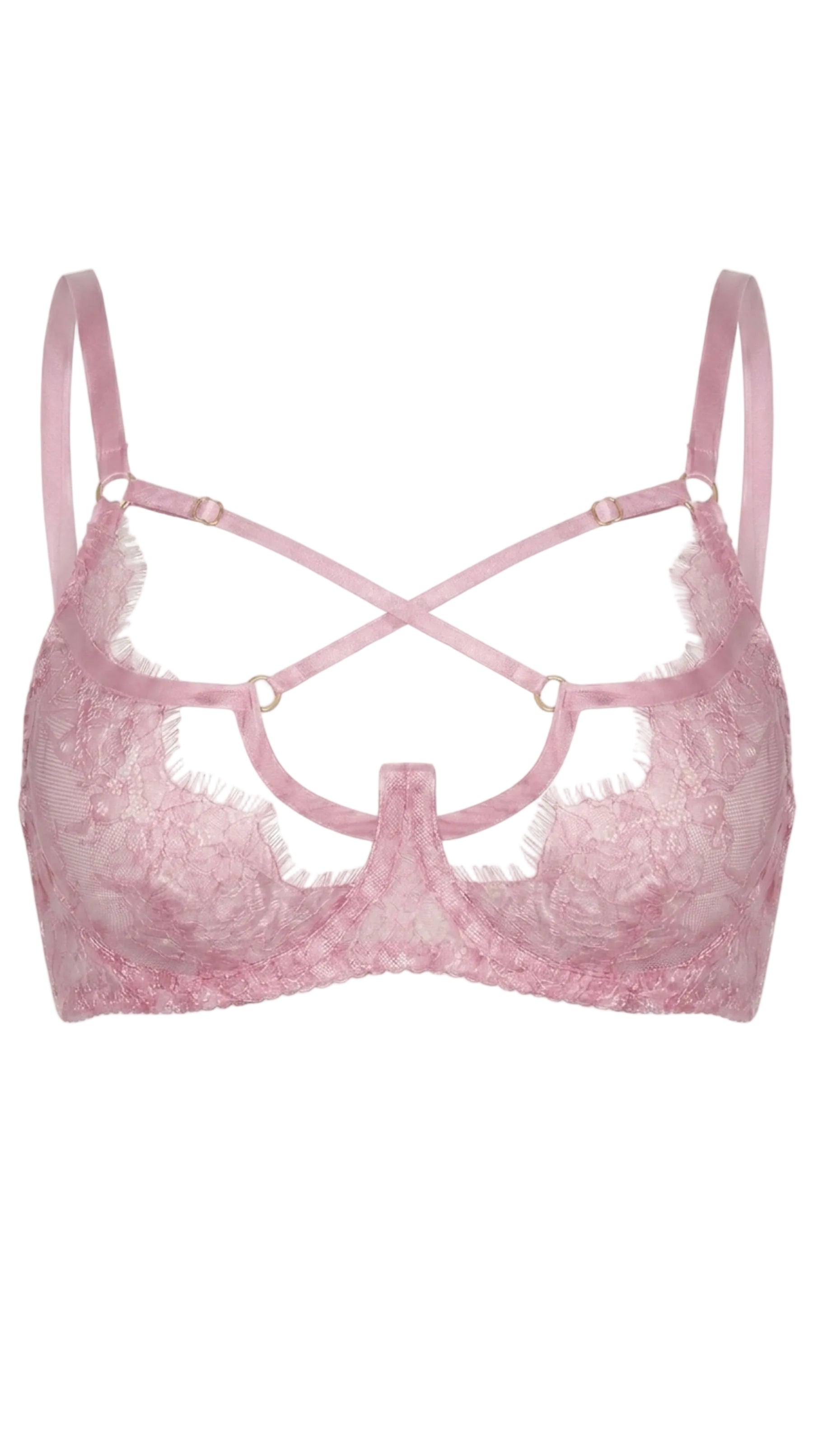 Close-up view of the Odri Pink strappy bra featuring pink Chantilly lace and architectural neckline accents.