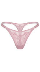 Front view of the Odri Pink adjustable thong panties crafted from pink Chantilly lace and sheer mesh.