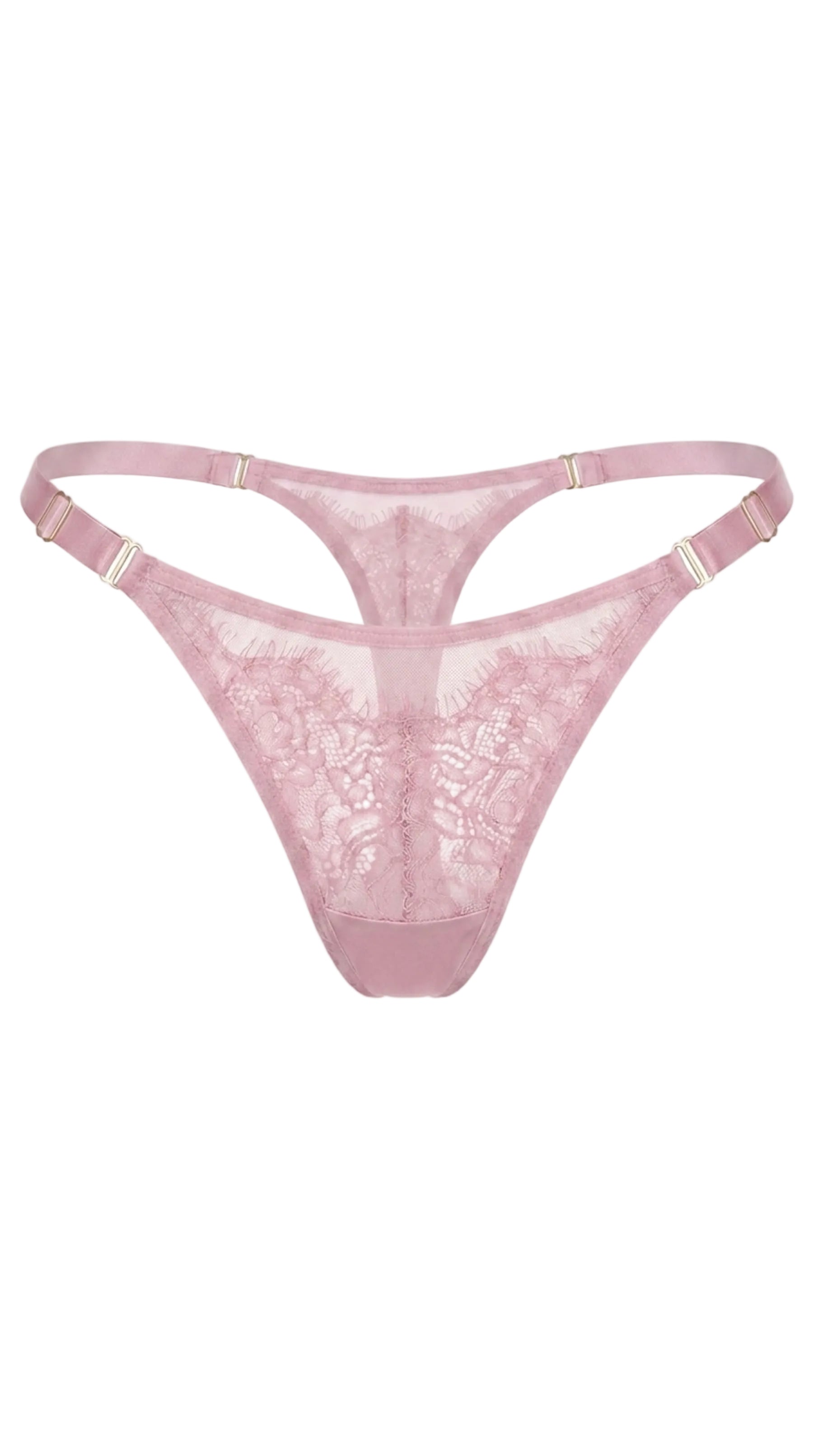 Front view of the Odri Pink adjustable thong panties crafted from pink Chantilly lace and sheer mesh.