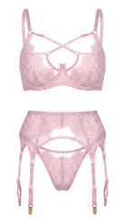 Macro view of delicate pink Chantilly lace on the soft-cup architectural bra.