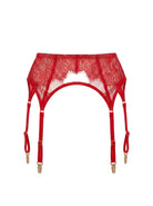 Front view of the Odri Red garter belt featuring structural straps and vibrant red Chantilly lace details.