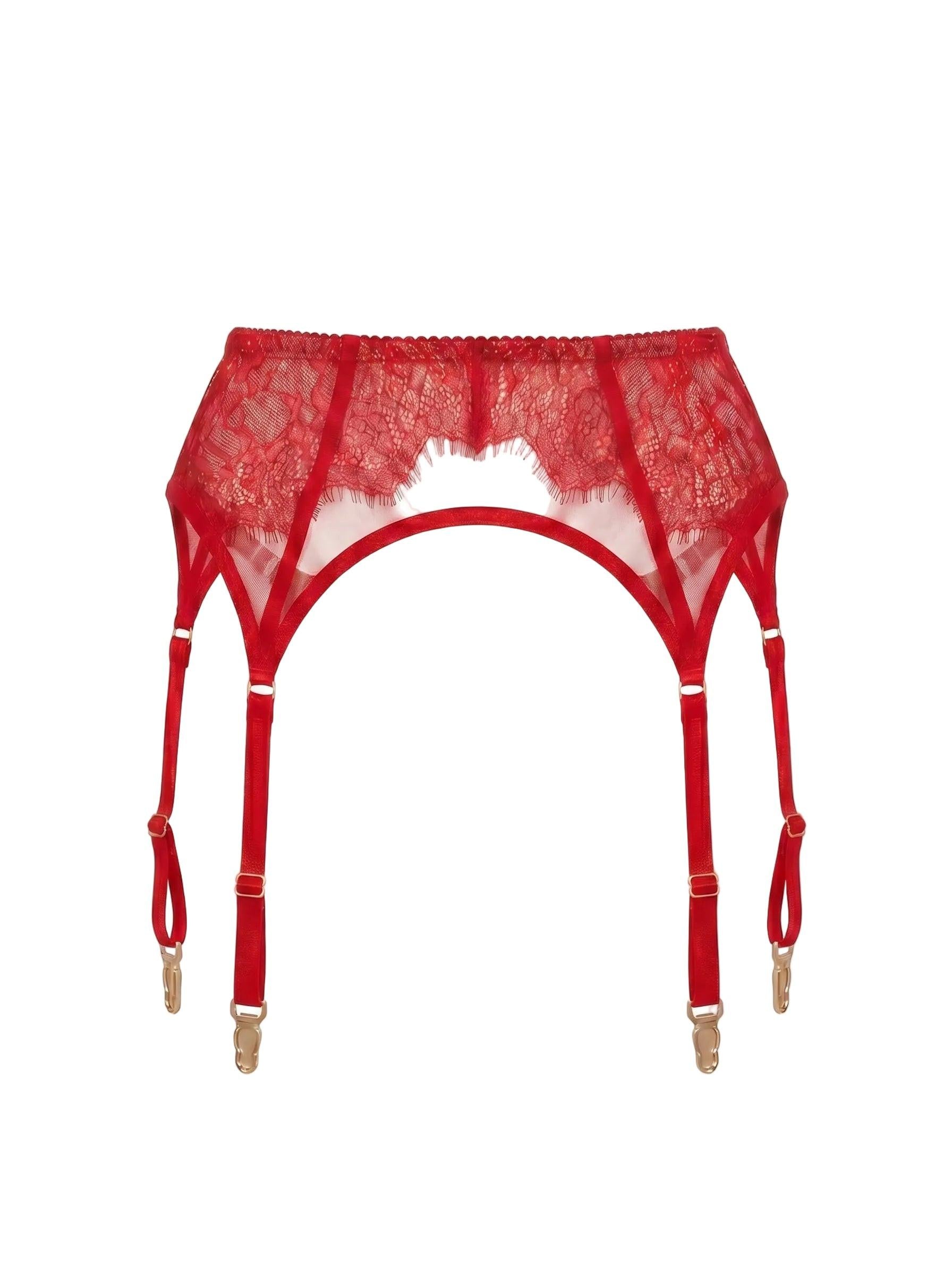Front view of the Odri Red garter belt featuring structural straps and vibrant red Chantilly lace details.