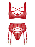 Front view of Odri Red 3-piece lingerie set featuring red Chantilly lace, strappy bra, and garter belt.