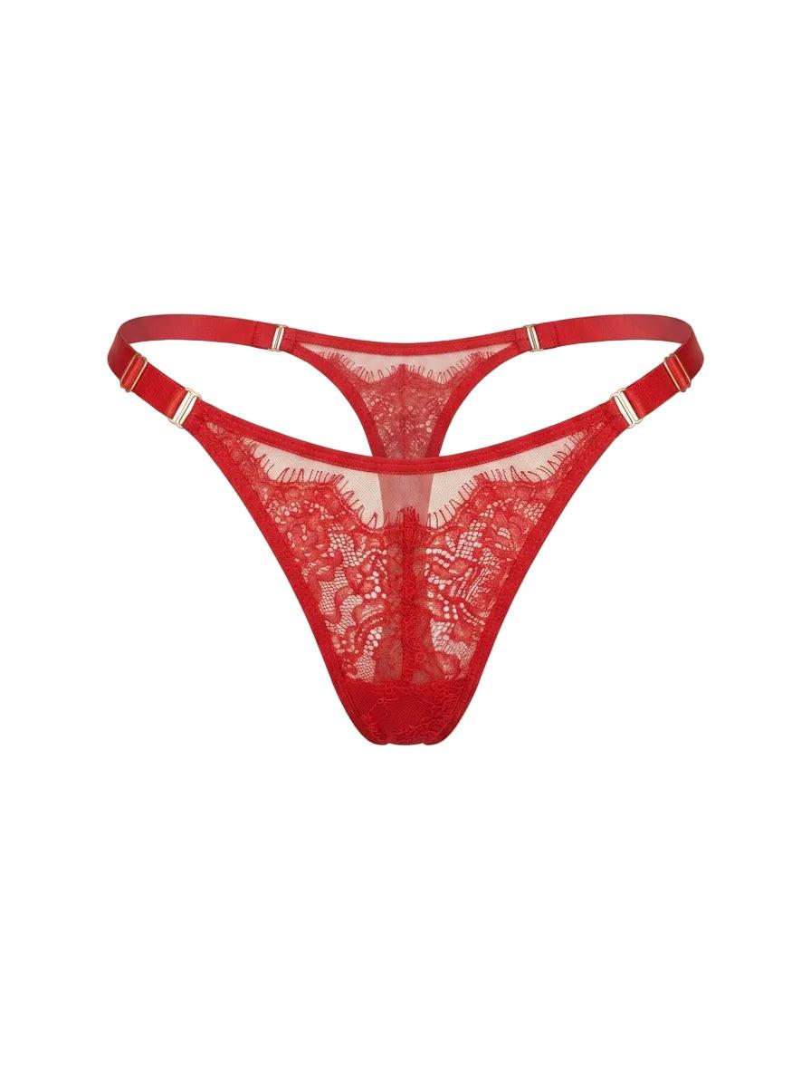 Front view of the Odri Red adjustable panties crafted from red Chantilly lace and sheer mesh.