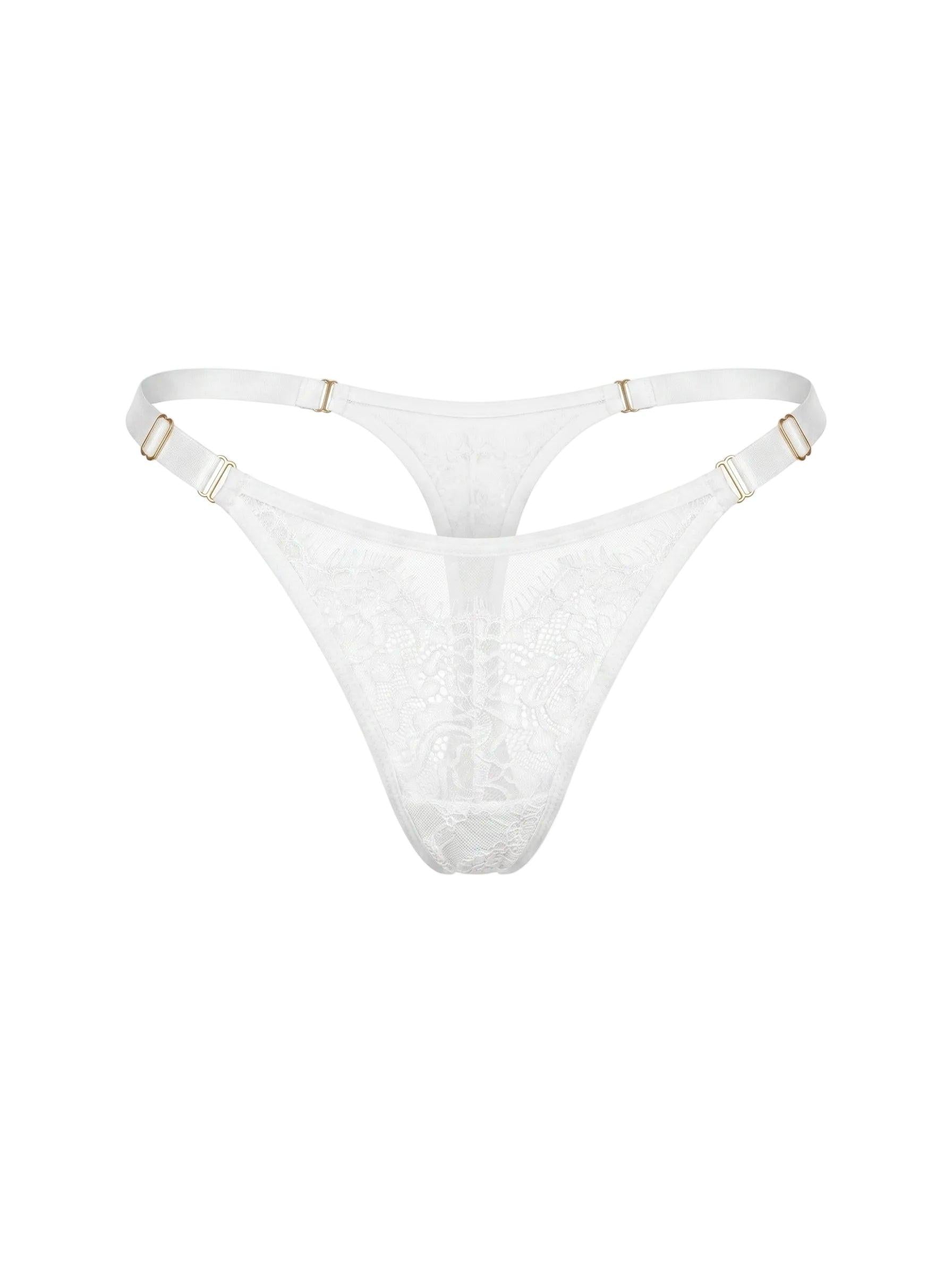 Front view of Odri White adjustable thong panties in delicate white lace and mesh.