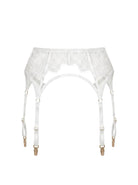 Front view of the Odri White garter belt with structural lace and white strap details.