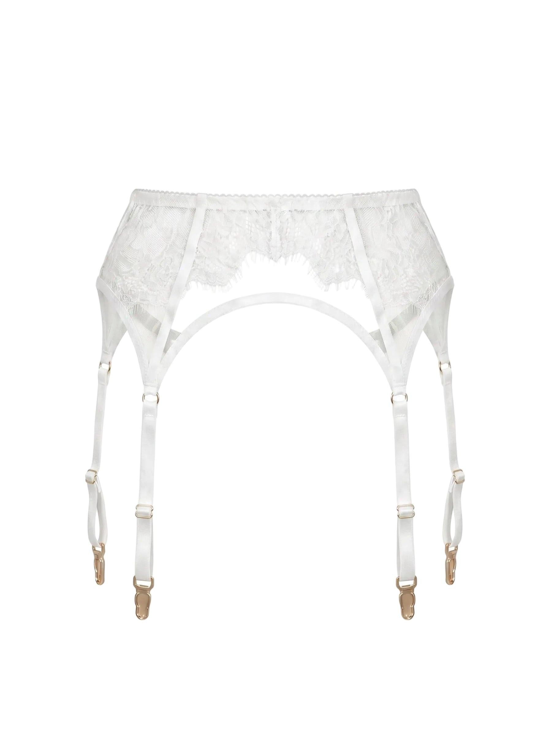 Front view of the Odri White garter belt with structural lace and white strap details.