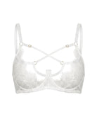 Close-up of the Odri White strappy bra in bridal white Chantilly lace and sheer mesh.