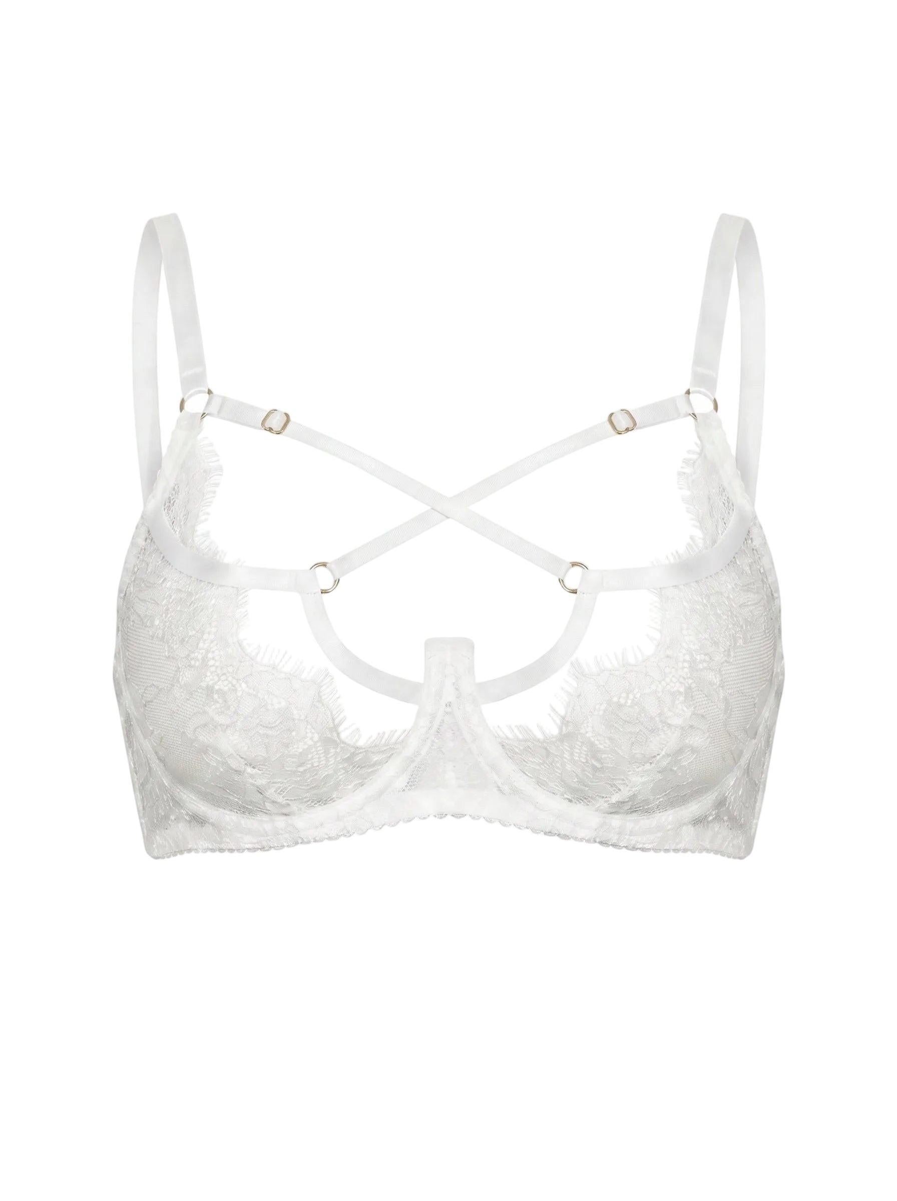 Close-up of the Odri White strappy bra in bridal white Chantilly lace and sheer mesh.
