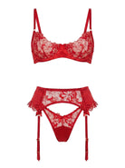 Front view of Lola Red 3-piece lingerie set in crimson floral embroidery and satin.