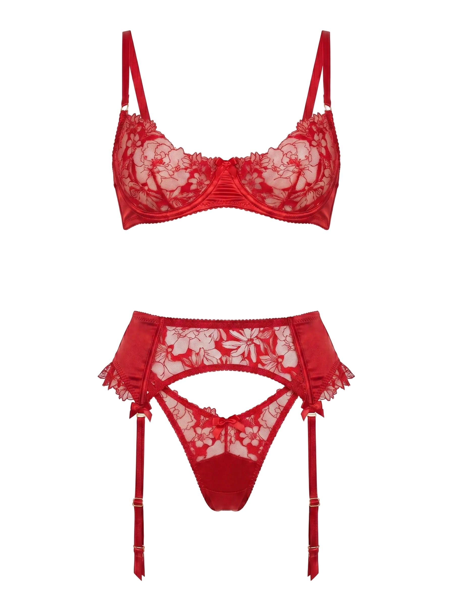 Front view of Lola Red 3-piece lingerie set in crimson floral embroidery and satin.