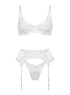 Front view of Lola White 3-piece lingerie set in bridal floral embroidery and satin.